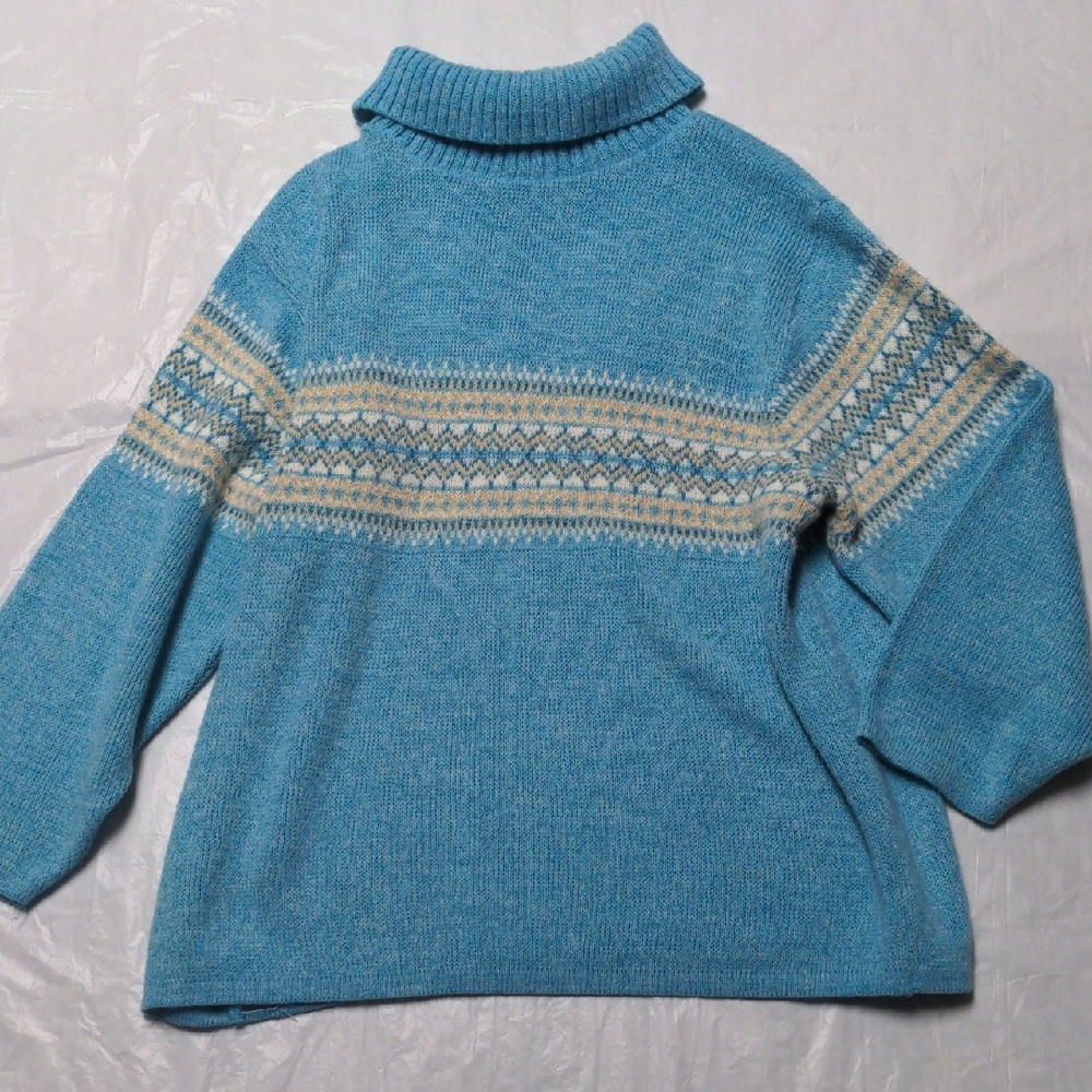 Fashion Bug Vintage Made In USA Blue Fair Isle Turtleneck Sweater Size 18/20